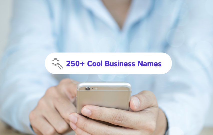Person searching "250+ Cool Business Names" on their phone.