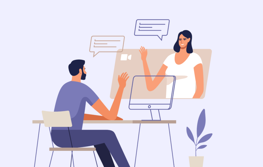 A feature image for a Nichehacks blog titled "45+ Best Work from Home Companies in 2025" showcasing an Illustration of a man and woman having a virtual meeting on a computer screen, exchanging messages.