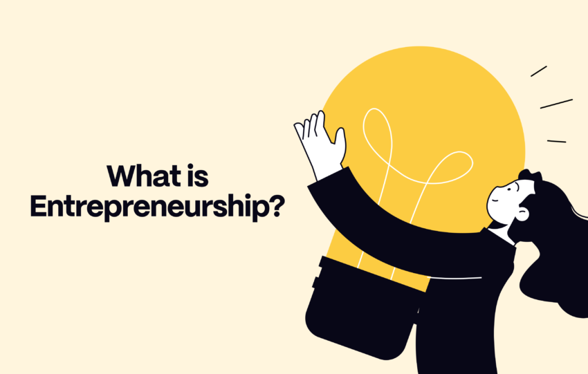 A featured image showcasing a graphic of a woman holding a lightbulb next to the words: What Is Entrepreneurship?