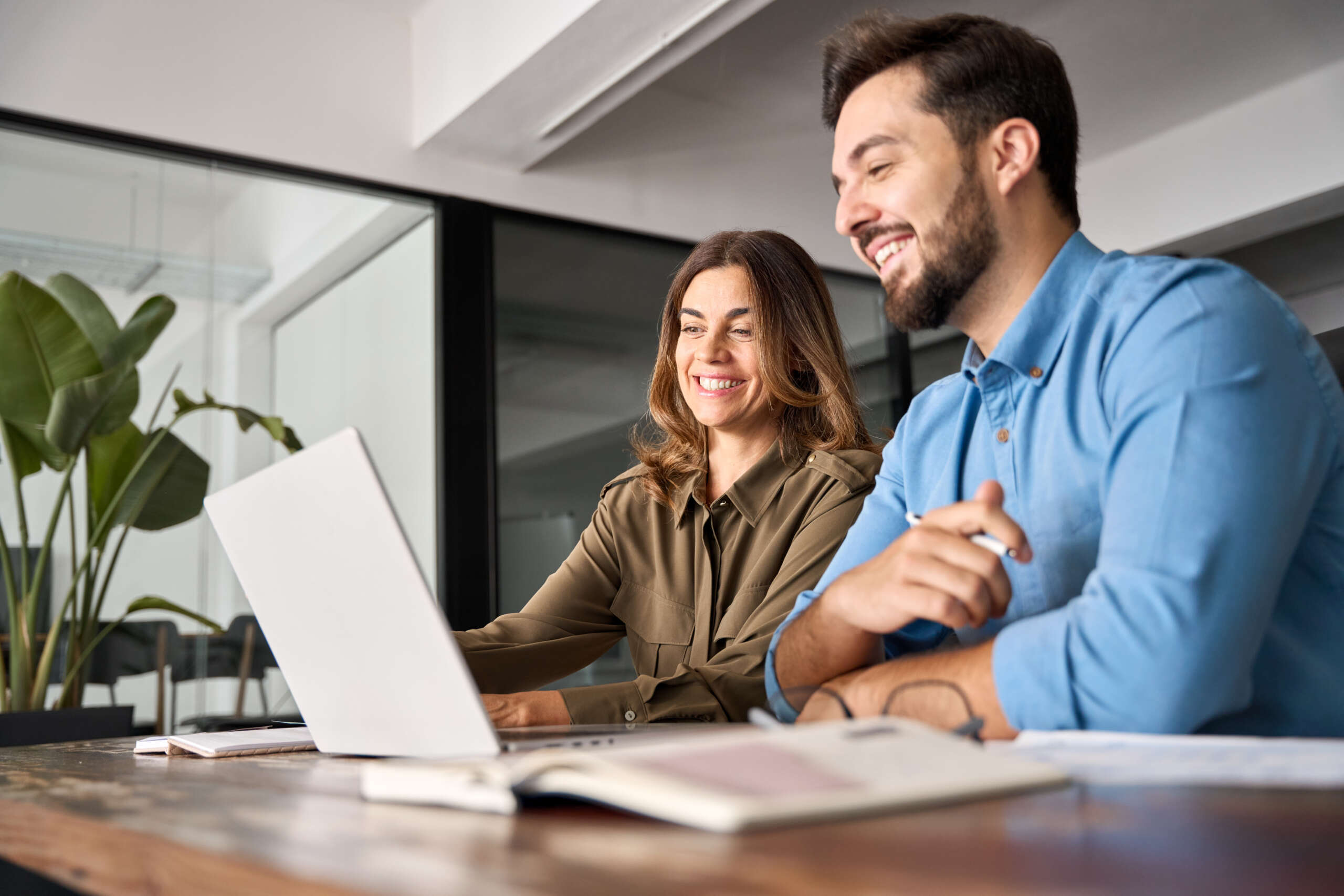 How to Register a Business: Two smiling professional business people talking using a laptop.